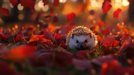A charming hedgehog delicately exploring a carpet of colorful autumn leaves, featuring warm, golden sunlight that enhances the serene forest atmosphere.の素材