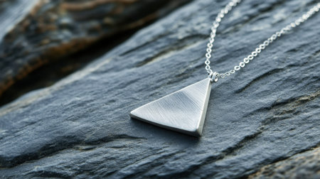 This image showcases an elegant silver triangle necklace resting on a textured stone surface, featuring soft lighting that enhances its sleek design and beauty.の素材