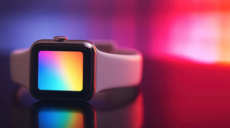 A sleek modern smart watch featuring a vibrant and colorful display, sitting on a reflective surface with a striking blurred background.の素材