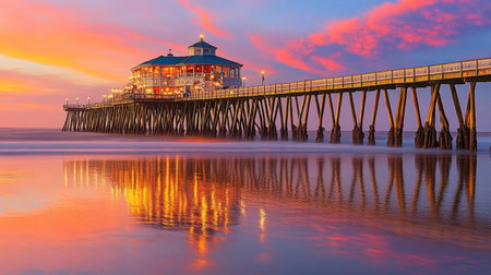A breathtaking sunset illuminates the sky above a majestic ocean pier. The calm waters reflect vibrant colors, creating a serene atmosphere ideal for relaxation.の素材