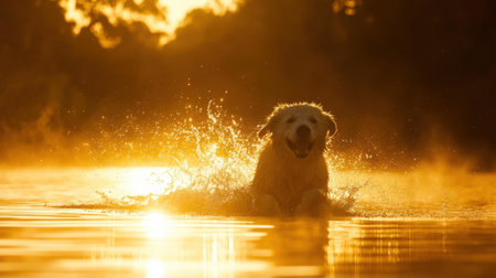 A joyful golden retriever dog splashes in the water during a stunning sunset, showcasing a moment of pure happiness and playfulness. The warm colors create a serene atmosphere, making it an ideal image for nature and pet lovers.の素材