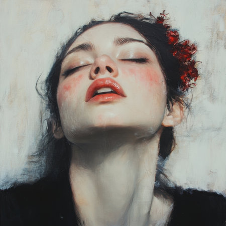 A captivating portrait of a woman with closed eyes and a serene expression, adorned with a delicate flower in her hair, showcasing beauty and emotion.の素材