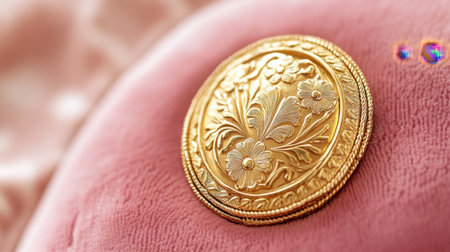 This stunning golden brooch features an intricate floral design, beautifully displayed against a soft pink backdrop, perfect for luxury fashion aesthetics.の素材