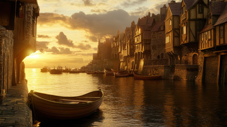 A stunning sunset casts warm golden hues over calm waters, creating a serene atmosphere by historic buildings and charming boats along the shore.の素材