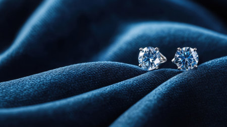 Stunning diamond earrings elegantly displayed on rich dark blue fabric. Perfect for showcasing elegance in fashion and jewelry photography.の素材
