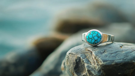 A stunning close-up of a silver ring featuring a vibrant turquoise stone, resting on a rocky surface near water, showcasing natural beauty.の素材
