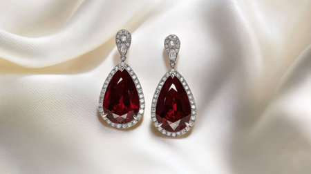 Stunning red gemstone drop earrings featuring elegant diamond accents, perfect for adding a touch of luxury and sophistication to any outfit.の素材
