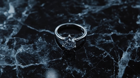 A beautiful solitaire diamond ring sits elegantly on a dark marble surface, highlighting its intricate design and luxurious appeal, perfect for weddings or special occasions.の素材