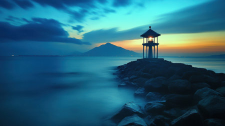 This tranquil image captures a silhouette of a lighthouse on a rocky coastline as the sun sets behind distant mountains, creating a serene and peaceful atmosphere.の素材