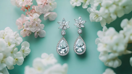This stunning image showcases elegant earrings adorned with sparkling gemstones, beautifully complemented by a soft mint green background and delicate flowers.の素材