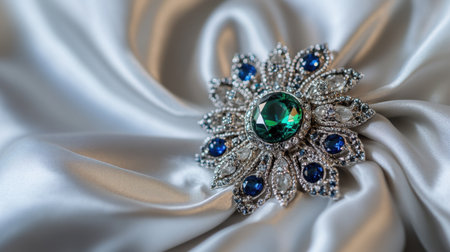 A stunning vintage brooch featuring a striking green gem at its center surrounded by blue stones, elegantly positioned on smooth satin fabric.の素材