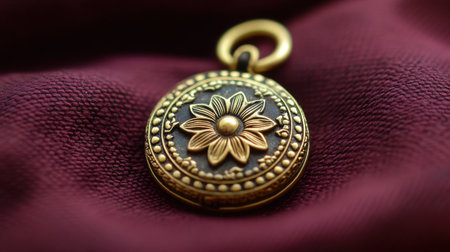 Stunning close-up of an antique floral pendant resting on luxurious maroon fabric, showcasing intricate design and fine craftsmanship with an elegant aesthetic.の素材