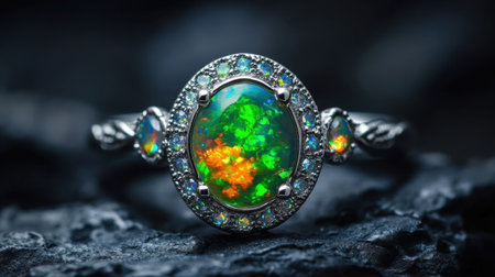 This artistic image showcases a stunning silver ring with a bright opal at its center, surrounded by brilliant gemstones, set against a dark backdrop.の素材