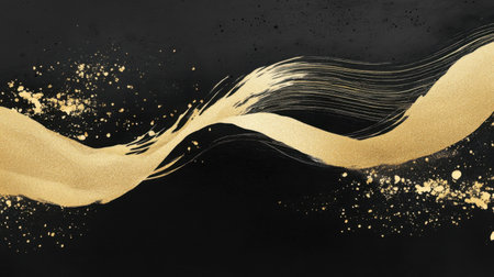 Discover an elegant black and gold abstract background featuring fluid brushstrokes and glittery accents. This artwork adds a touch of sophistication and luxury to any creative project, making it ideal for designs that seek to captivate and inspire.の素材