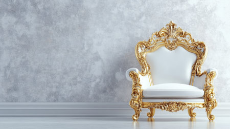 A stunning ornate chair featuring golden accents and plush white upholstery, set against a textured gray wall, epitomizing luxury and elegance.の素材