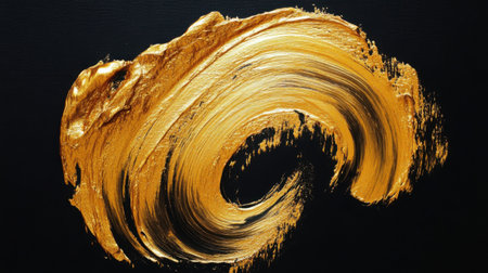 A stunning abstract art piece featuring a dynamic gold swirl on a rich black background, showcasing texture and elegance for modern decor.の素材
