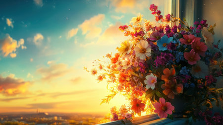 A stunning floral arrangement sits on a windowsill, illuminated by the warm golden light of a sunset, creating a serene and vibrant atmosphere.の素材