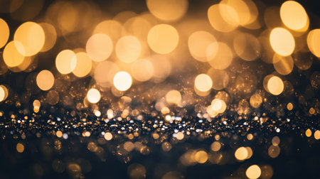 Beautiful abstract image of shimmering golden bokeh lights sparkling on a dark background, perfect for creating a dreamy and festive atmosphere.の素材