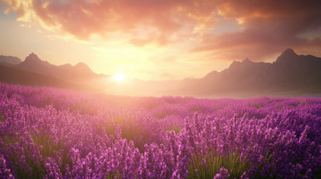 This stunning image captures a vast lavender field under a captivating sunset, with majestic mountains in the background, creating a serene rural landscape.の素材