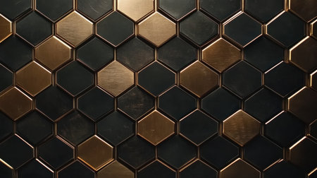 Discover a stunning geometric pattern featuring hexagonal tiles in rich gold and deep black tones, perfect for enhancing modern interiors and architecture projects.の素材