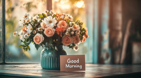 A stunning flower arrangement featuring orange and white blooms in a blue vase sits on a table. A "Good Morning" note adds warmth while soft morning light filters through.の素材