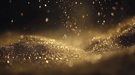 A mesmerizing close-up of sparkling gold dust particles falling gracefully over a smooth surface, creating a magical and elegant atmosphere.の素材