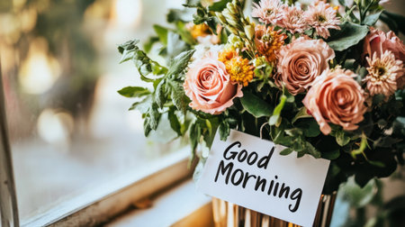 A beautiful floral bouquet featuring soft pink roses and vibrant greenery, accompanied by a cheerful "Good Morning" card, located beside a sunny window.の素材