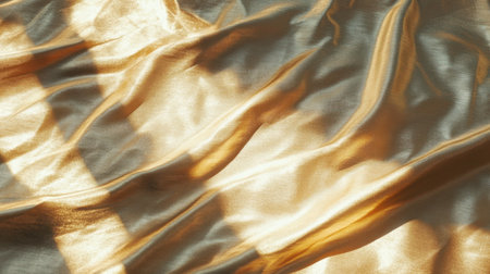 Captivating close-up of luxurious golden satin fabric showcasing soft waves and light reflections, ideal for elegant designs, backgrounds, and artistic presentations.の素材