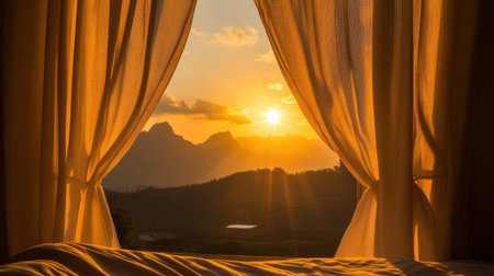 A stunning view of a sunset framed by soft curtains, showcasing a mountainous landscape bathed in warm light. Perfect for conveying tranquility and beauty.の素材