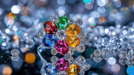 A stunning gemstone brooch featuring a variety of colorful stones surrounded by sparkling diamonds. The artwork shines brilliantly against a shimmering bokeh backdrop, perfect for showcasing luxury and elegance in jewelry design.の素材