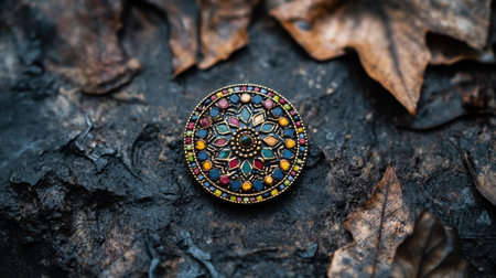 A stunning vintage decorative brooch features a colorful design resting on dried leaves, creating an earthy and artistic composition perfect for fashion enthusiasts.の素材