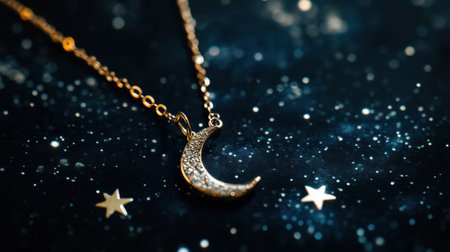 This captivating image features a gold necklace with a crescent moon pendant adorned with sparkling details, beautifully contrasting against a starry background.の素材