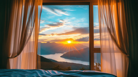A stunning sunset view framed by window drapes showcases a serene lake surrounded by majestic mountains. The radiant colors and calming atmosphere create a perfect escape into nature.の素材