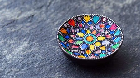 A vibrant hand-painted decorative bowl featuring intricate floral patterns sits elegantly on a dark stone surface, adding artistic charm and color.の素材