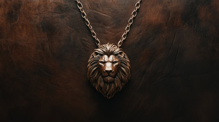 This striking bronze lion head pendant rests on a textured dark leather background, showcasing its intricate craftsmanship and elegance, perfect for jewelry lovers.の素材