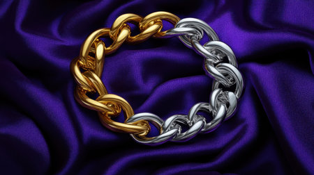 A stunning gold and silver chain bracelet elegantly rests on a rich purple silk fabric, showcasing luxury and craftsmanship in a captivating arrangement.の素材