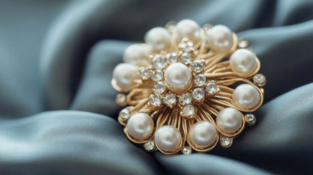 This stunning vintage brooch, adorned with pearls and sparkling rhinestones, rests gracefully on a soft satin fabric background, exuding timeless elegance and luxury.の素材