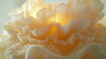 This stunning close-up of an intricate floral design features soft glowing light emanating from the center, highlighting delicate textures and graceful petals.の素材