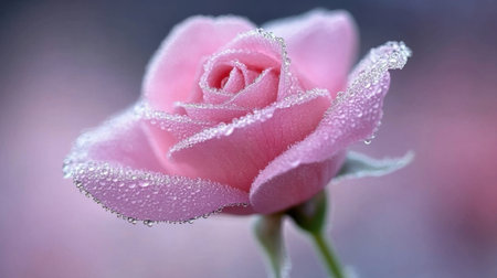 A stunning close-up of a pink rose adorned with dew drops, showcasing the intricate petals and soft hues, perfect for nature and floral designs.の素材