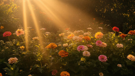A stunning scene of a sunlit garden filled with colorful blooming flowers, creating a tranquil atmosphere perfect for relaxation and reflection.の素材