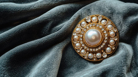 An elegant vintage pearl brooch rests on luxurious gray velvet fabric, showcasing its stunning design and intricate details, perfect for any fashion lover.の素材