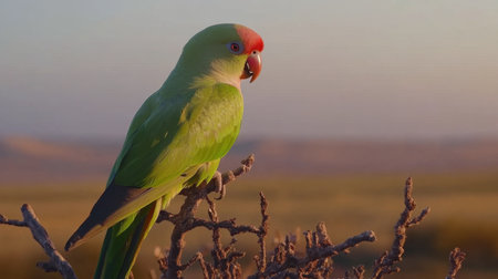 A vivid green parrot perched gracefully on a branch, surrounded by a stunning sunset landscape that highlights its colorful feathers.の素材