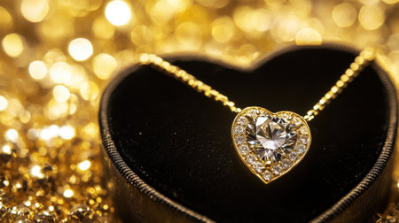 Beautiful heart-shaped diamond pendant necklace set in a gold frame, resting in an elegant black jewelry box, surrounded by golden sparkles.の素材