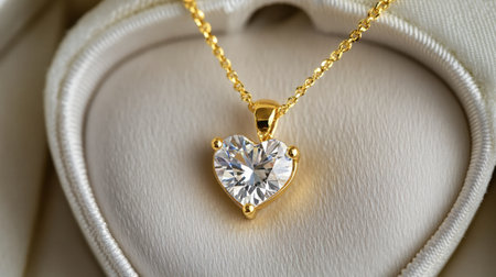This elegant heart-shaped pendant necklace showcases a sparkling gemstone set in gold, resting on a plush velvet background. A perfect romantic gift.の素材