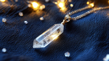 A stunning clear quartz pendant necklace captures light beautifully, surrounded by sparkling crystals on a soft blue fabric background, ideal for fashion enthusiasts.の素材