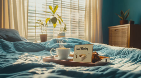 A beautiful scene depicting a cozy morning setup in a bright bedroom, featuring a steaming cup of coffee on a wooden tray accompanied by a biscuit.の素材