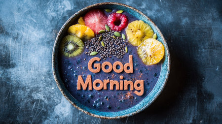A vibrant breakfast bowl showcasing fresh fruits, chia seeds, and smooth textures, adorned with wooden letters that say "Good Morning," perfect for wellness and positivity.の素材