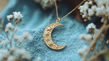 A beautiful gold crescent moon necklace with star embellishments rests on a soft blue surface, accentuated by dried flowers, capturing a serene moment.の素材
