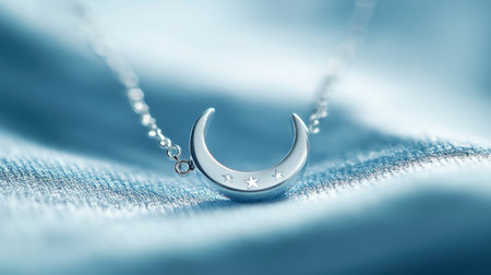This captivating image features a silver crescent moon necklace adorned with star details, elegantly resting on a soft blue fabric backdrop, highlighting its unique design.の素材
