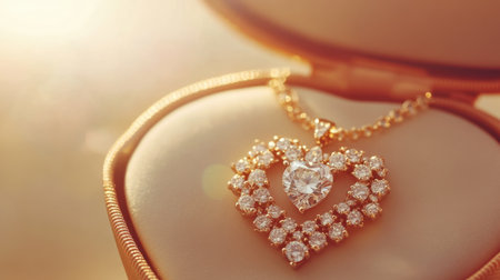 A stunning heart-shaped diamond necklace rests elegantly in a velvet box, illuminated by soft sunlight, perfect for romantic occasions or luxurious gifts.の素材